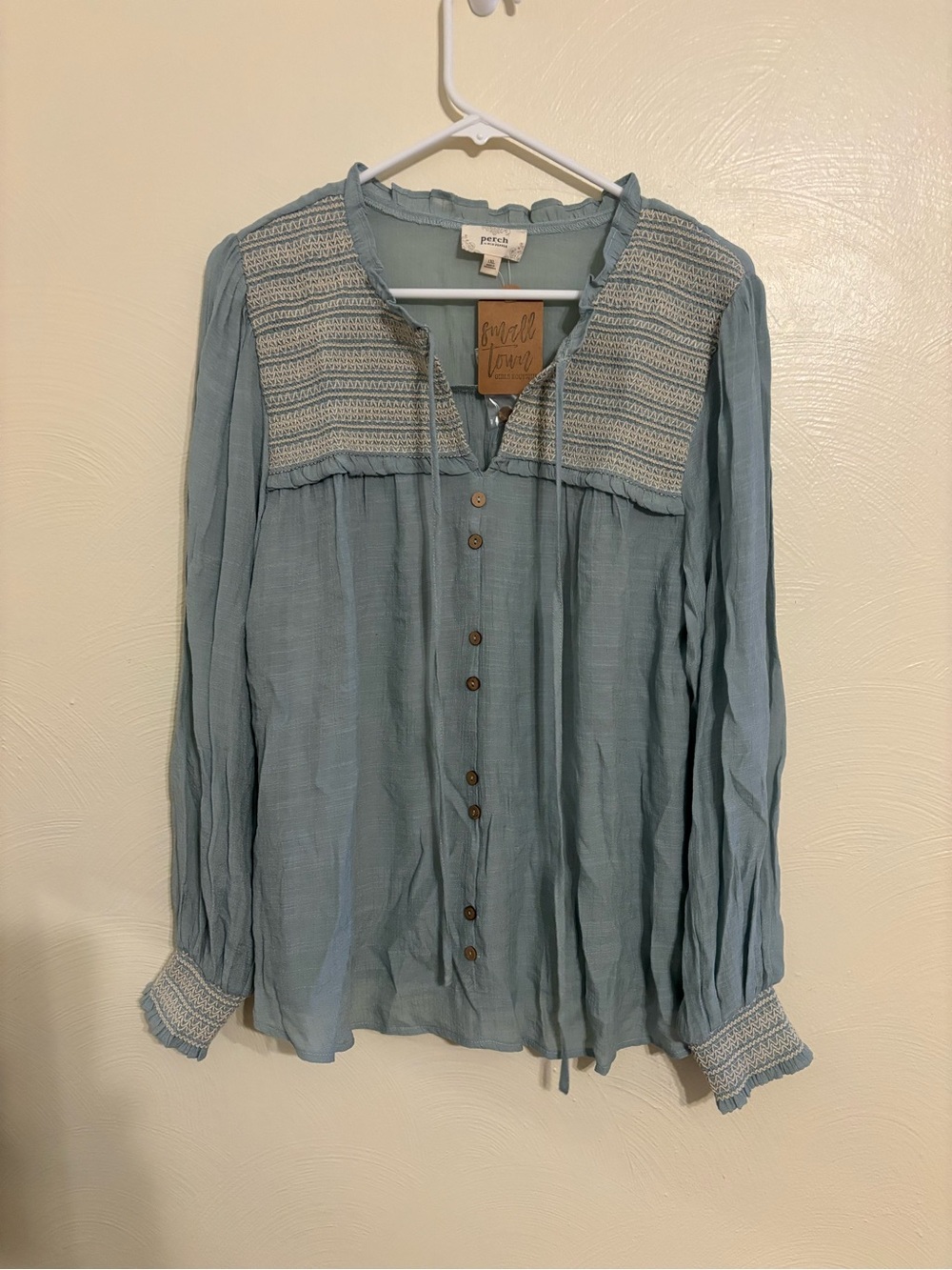 Perch by Blu Pepper Boho Peasant Blouse XL Blue Smocked Long Sleeve Cottagecore